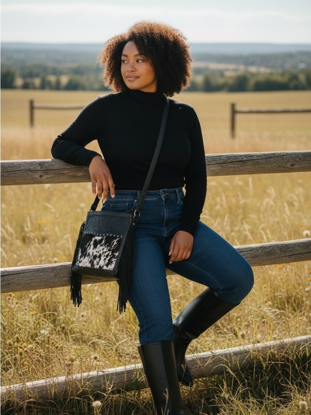 Montana West Black & White Cowhide Fringe Crossbody Bag - Picture 3 of 11